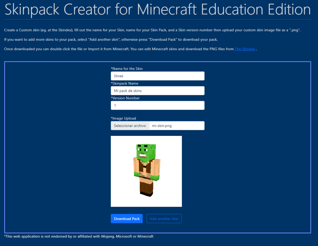 Insertar en el nombre de skin "Shrek", "Mi pack de skins" en el nombre del Skinpack. Numerar como versión 1.
Finalmente, tocar el botón "seleccionar archivo" y cargar el .png descargado en la foto anterior.