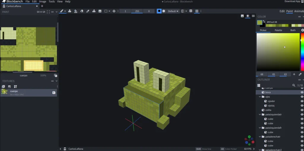 Un modelo de rana creado en blockbench