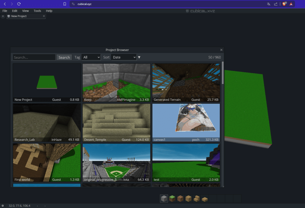 explorador de proyectos de cubical xyz con los proyectos más recientes de estructuras de minecraft